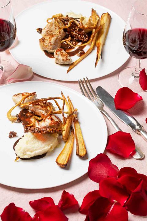Veal parsnips and cocoa sauce