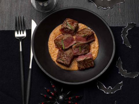 Halloween Rare beef tenderloin satay
