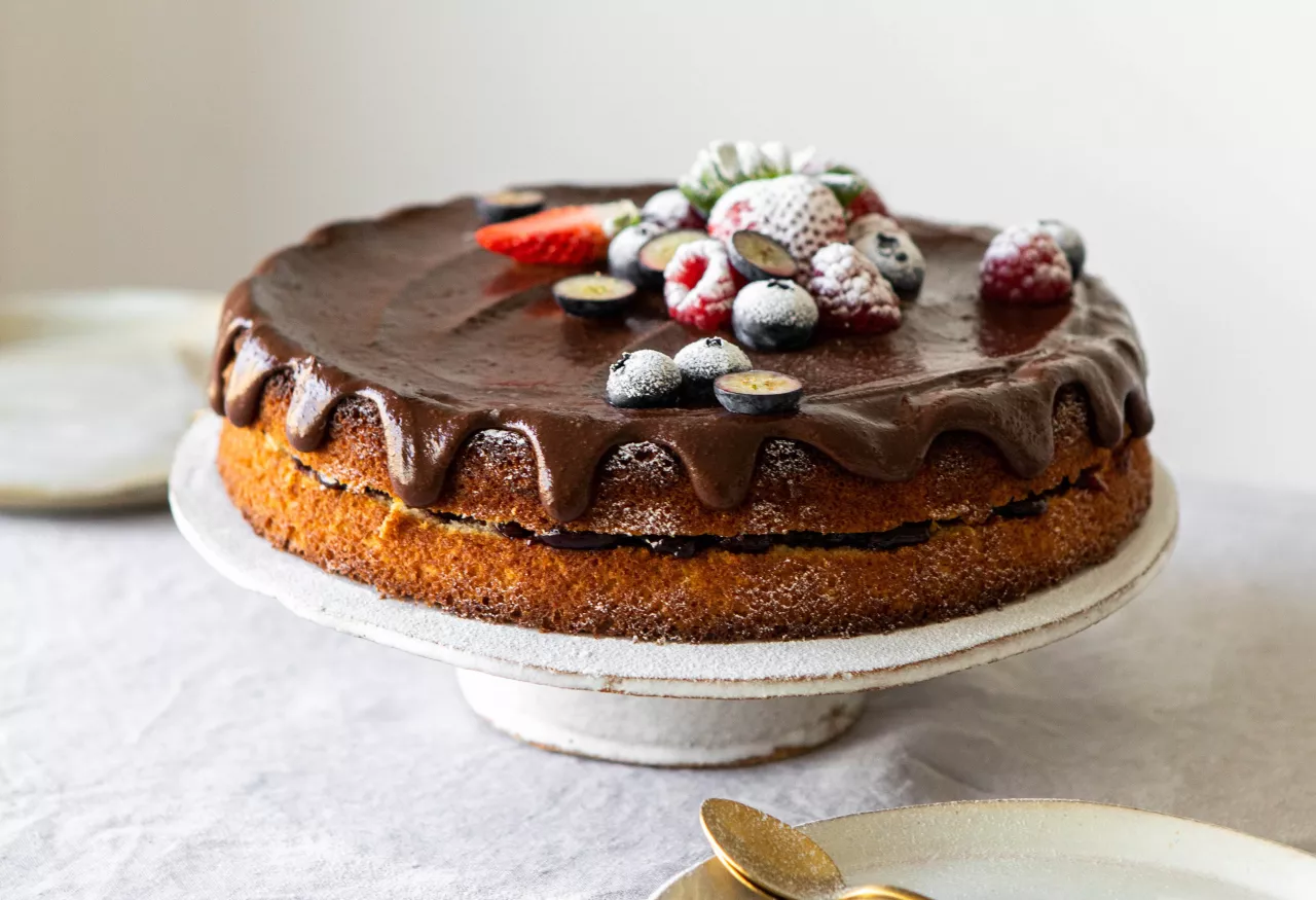 Sponge cake chocolate red berries