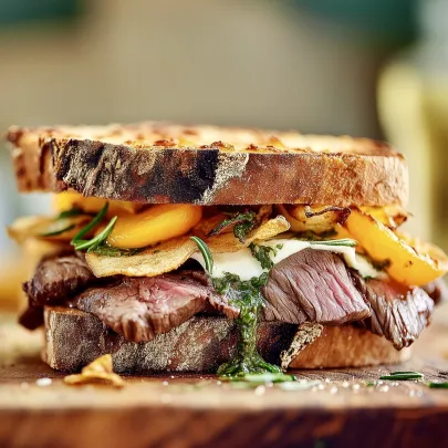 Nichts geht über ein gutes Sandwich. Saftiges Fleisch, süße Aprikosen und geschmolzener Käse treffen auf knusprig geröstetes Sauerteigbrot. Die frische Kräutersauce und ein paar Kartoffelchips machen es perfekt.