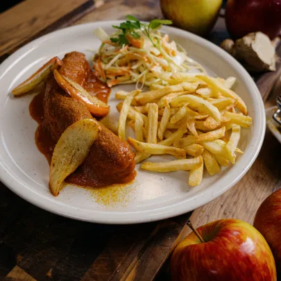 Currywurst 2.0 mit Zingy-Apfel-Currysoße & Honey-Crunch-Krautsalat
