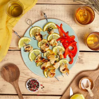 Chicken Kebabs Marinated in Lemon and Thyme, with Roasted Bell Peppers
